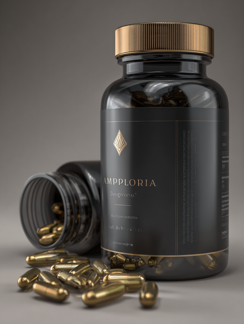 Ampploria természetes étrend-kiegészítő kapszula, kék csomagolásban, semleges háttéren, vérkeringés javításához, természetes összetevőkből, komplex egészségügyi támogatás, fiziológiai funkciók optimalizálása